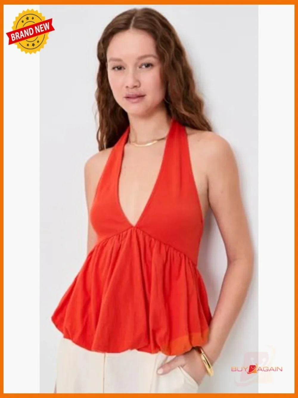 Lightweight Cotton Blend Peasant Top, Halter Neckline, Sleeveless